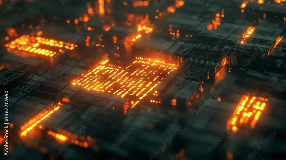Aufkleber abstract futuristic microchip processor with glowing orange light circuit board effect
