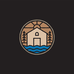 Vintage Hand-Drawn Lake House and Pine Tree Logo Design Vector