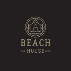 Vintage Hand-Drawn Lake House and Pine Tree Logo Design Vector