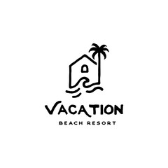 Fototapeta premium Retro Beach House Logo with Hand Drawn Palm Tree and Ocean Waves