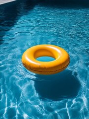 Yellow inflatable ring floating in a blue swimming pool.