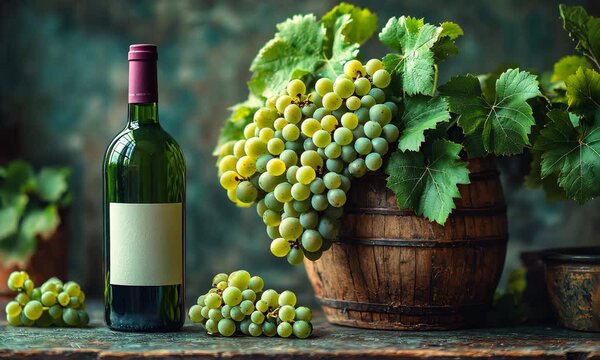 Green grapes and wine bottle on a rustic wooden table