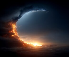 Obraz premium The image features a sky with a gradient of colors, from a fiery orange at the bottom, transitioning to a dark blue at the top