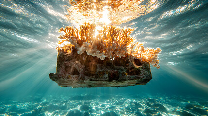 Underwater sunlight illuminates vibrant orange coral on a submerged structure creating a tranquil scene perfect for ocean conservation promotion or serene nature displays.