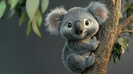 Obraz premium Cute koala clinging to tree, Australian forest background