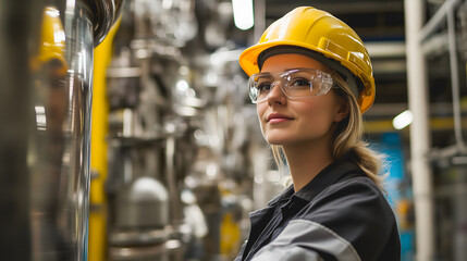 Une femme portant un casque et des lunettes de protection inspecte des machines dans une usine. Elle semble concentrée sur son travail dans un environnement industriel.