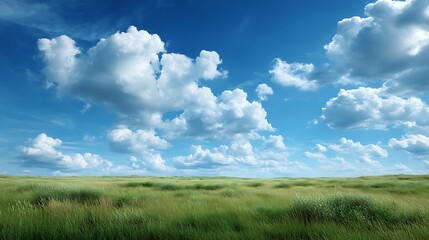 Obraz premium Grass field under blue sky and white clouds