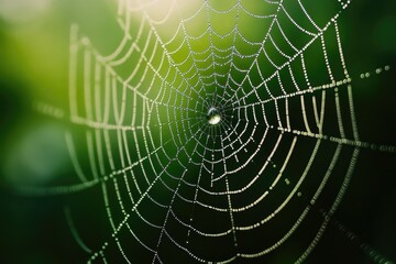 Naklejka premium A dew-covered spiderweb, intricate design, nature's artistry, glistening droplets.