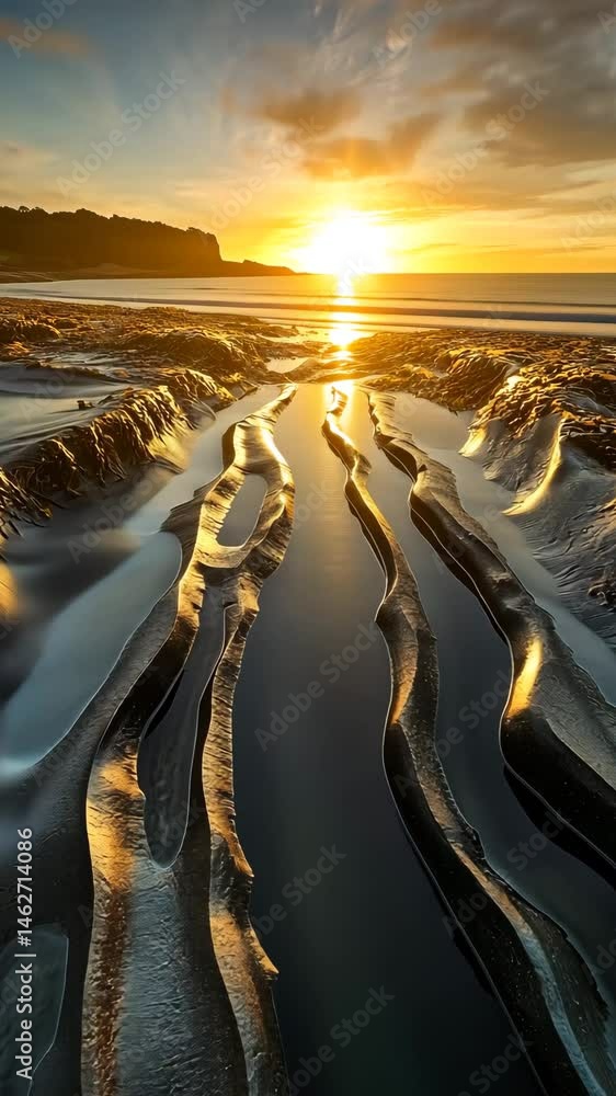 Poster smooth geometric waves form in shallow tidal pools during sunset at a serene coastal location