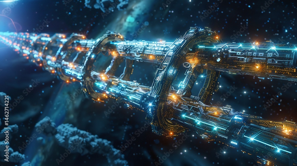 Poster futuristic space station rendering with intricate detail and ambient glow