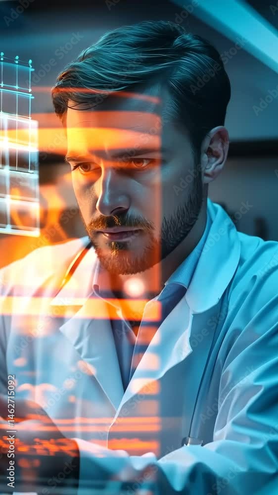 Poster researcher in white lab coat examines transparent specimen with focused expression in laboratory set