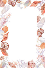 Watercolor vertical rectangular frame with delicate seashells in soft pastel tones. Perfect for coastal wedding invitations, beach-themed stationery, elegant packaging, or summer greeting cards.