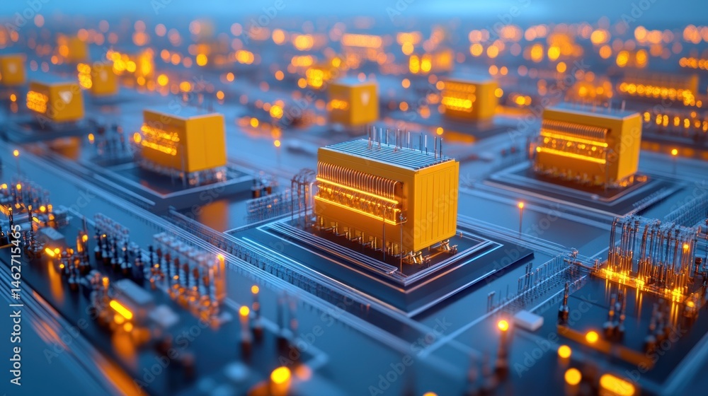 Aufkleber glowing orange processors on a circuit board high tech computing technology abstract