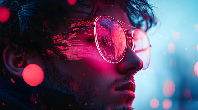 A man in neon glasses with digital code reflecting on the lenses offering a futuristic cyberpunk vibe perfect for technology art or virtual reality concepts.