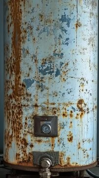 High resolution view of a rusty water heater in a utility room setting with visible wear and tear