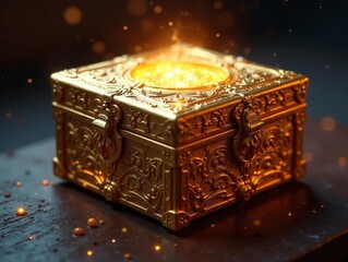 Mystical golden box, shimmering light, ornate details, gift box, gold