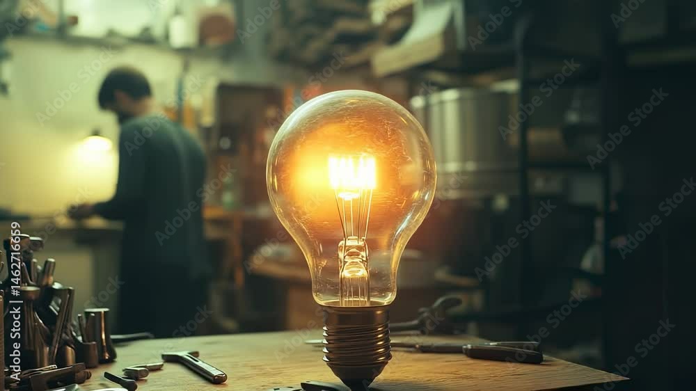 Poster bright lightbulb on a workbench in a cluttered workshop, representing an idea or invention