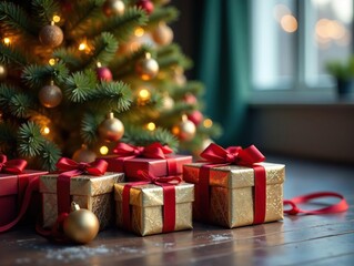 Ornate gift boxes with velvet ribbons beneath a glittering Christmas tree , xmas, season, image