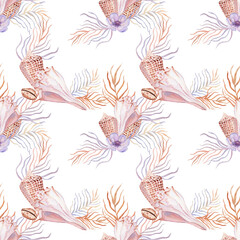 Delicate seamless watercolor pattern in pastel shades featuring seashells, seaweed, and anemones, perfect for beach-themed designs, summer collections, and wedding decor.