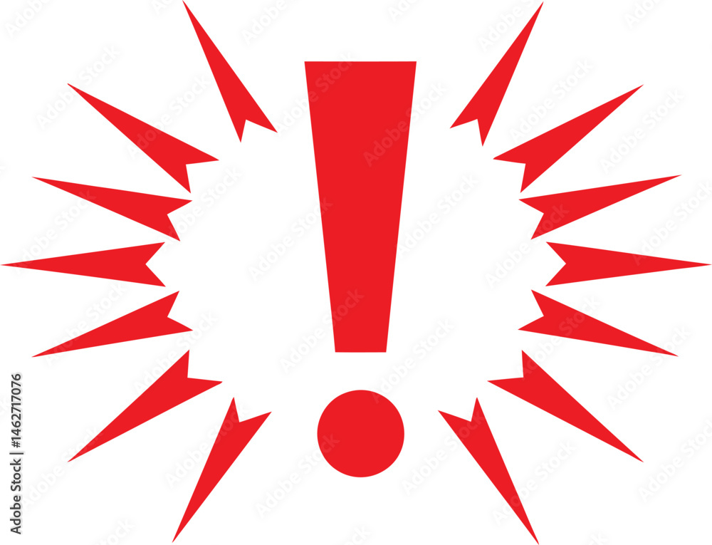 Poster red exclamation point in starburst,warning symbol,attention icon,caution sign,red exclamation mark i