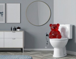 Red Gummy Bear Sitting in Bathroom