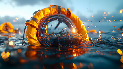 A yellow lifebuoy-like device with a clock face splashes in blue water. Represents urgency and time-sensitive situations. Ideal for safety awareness campaigns or critical events.