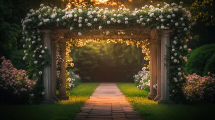 Fototapeta premium Rose-covered archway garden path