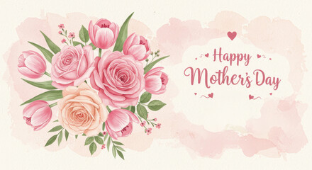 Pink Roses and Tulips Mother's Day Card - A beautiful Mother's Day card featuring pink roses, tulips, and greenery. Symbolizing love, appreciation, beauty, gratitude, and motherhood