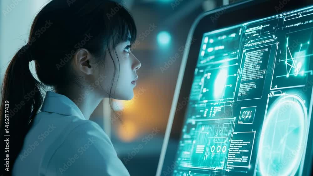 Poster young woman analyzing complex data on a futuristic computer screen in a high-tech environment