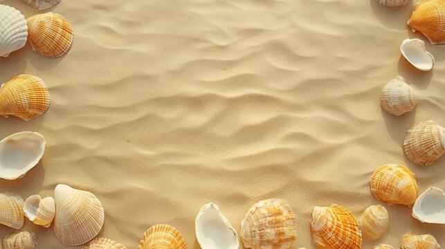 Seashells frame on sandy beach background summer vacation theme