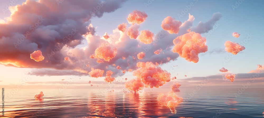 Poster a holographic sky where ai-generated clouds shift into dynamic neon patterns
