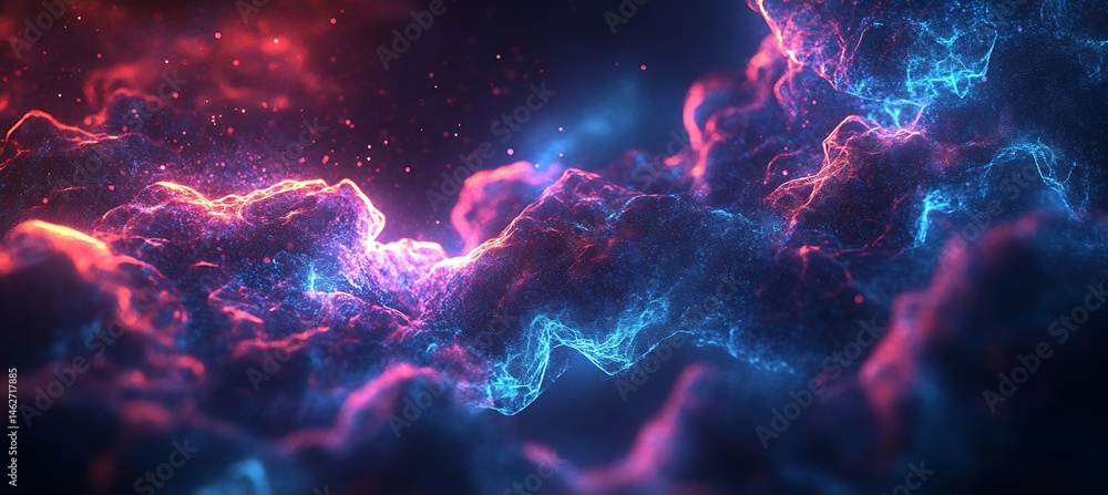 Poster a holographic sky where ai-generated clouds shift into dynamic neon patterns