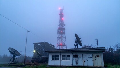 Fototapeta premium Analog Broadcast Tower Blinking in the Fog, Transmitting to No One
