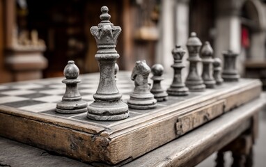 Antique chess set on rustic wooden table