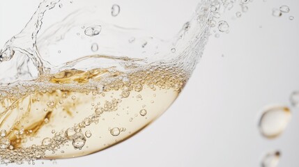 A wave of champagne forming a delicate breeze, sparkling in mid-air, on a pure white backdrop