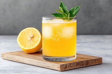 Fototapeta premium Bubbly sparkling lemonade in a glass for a refreshing taste