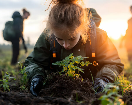A dedicated individual carefully plants a vibrant sapling in fertile earth highlighting environmental stewardship Perfect for promoting nature conservation or community gardening initiatives