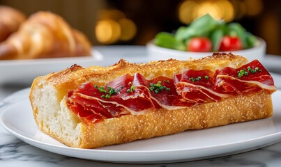 Artisan bread topped with cured Spanish ham