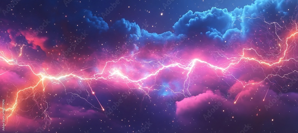 Poster a holographic storm where ai-generated lightning bolts create intricate geometric patterns