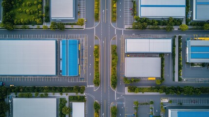Aerial view of modern industrial park buildings and parking lots