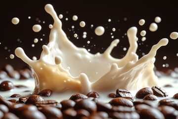 Fresh morning milk splash with coffee beans in motion