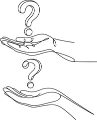 Minimalist Hands Holding Question Marks, One Line Abstract Curiosity Drawing.
