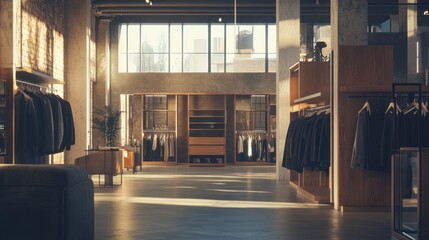 Modern clothing store interior, sunlight streaming through large windows, city view, showcasing menswear