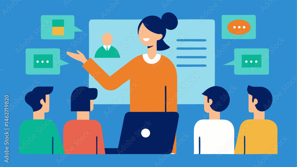 Poster remote leadership a person leading a virtual team meeting confidently pointing at a presentation scr