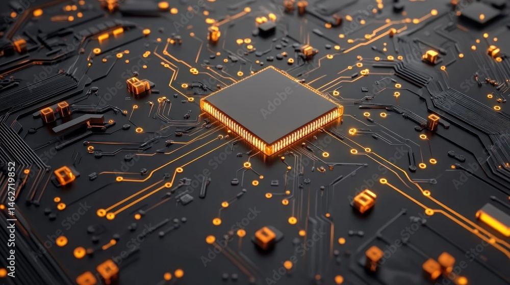 Poster central processing unit circuit board glowing orange technology electronics computer hardware