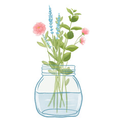 Watercolor illustration of a flower bouquet in a transparent glass vase. Delicate pastel tones create a soft, romantic feel. Perfect for spring, weddings, or botanical designs.