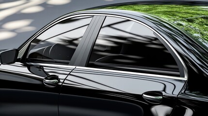 Sleek black car side profile tinted windows sunlight reflection