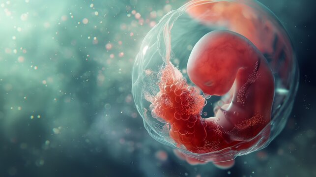 Microscopic view of human embryo growing inside a protective membrane, surrounded by cells, showcasing the delicate process of human development