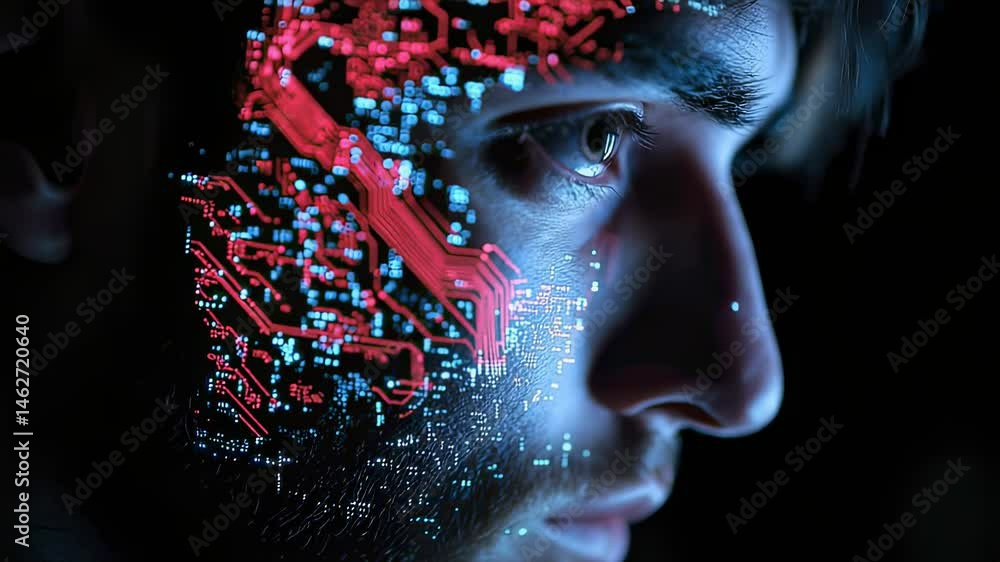 Poster man with digital circuit projection on face, futuristic concept