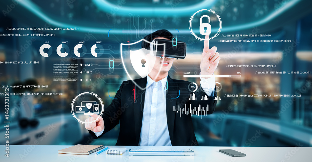 Poster smart business man with goggles working while using security protection. manager with formal suit ch